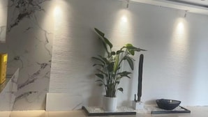 A modern interior with a marble wall, a potted plant, a black sculpture, and a black bowl on a white platform. - Huainan Longmen Hotel (Huainan)