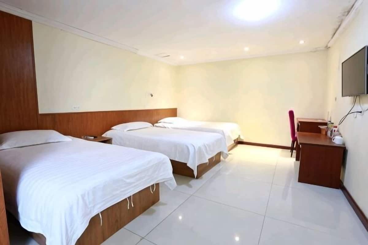 Een hotelkamer met twee bedden, een bureau en een televisie.