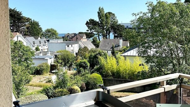 A Tefal grill on an outdoor balcony with a clear view of a residential area and trees.