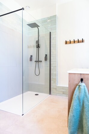 Shower, hair dryer, towels, soap