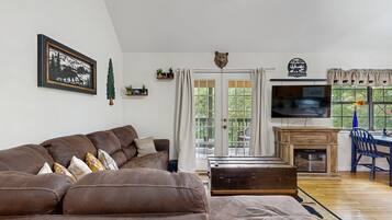 Télévision, cheminée, livres