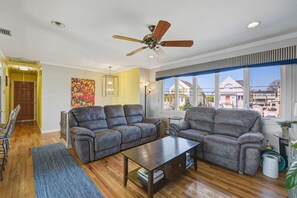 Smart TV, fireplace, foosball, books