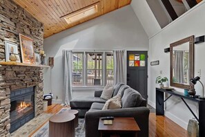 Smart TV, caminetto, libri