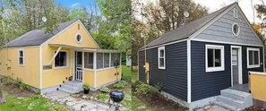 A small, single-story house with a porch and a small front yard. - Blue Sky Cottage: Sunset Shores Kangaroo Lake (Baileys Harbor)