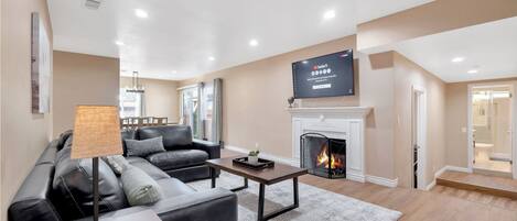 Smart TV, fireplace, books, computer monitors