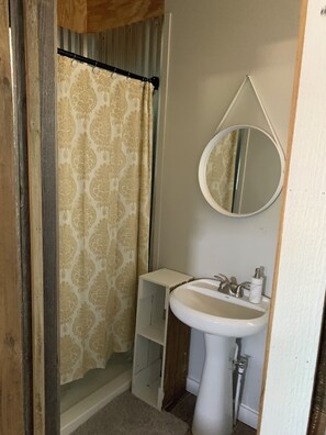 Shower, towels, soap, toilet paper