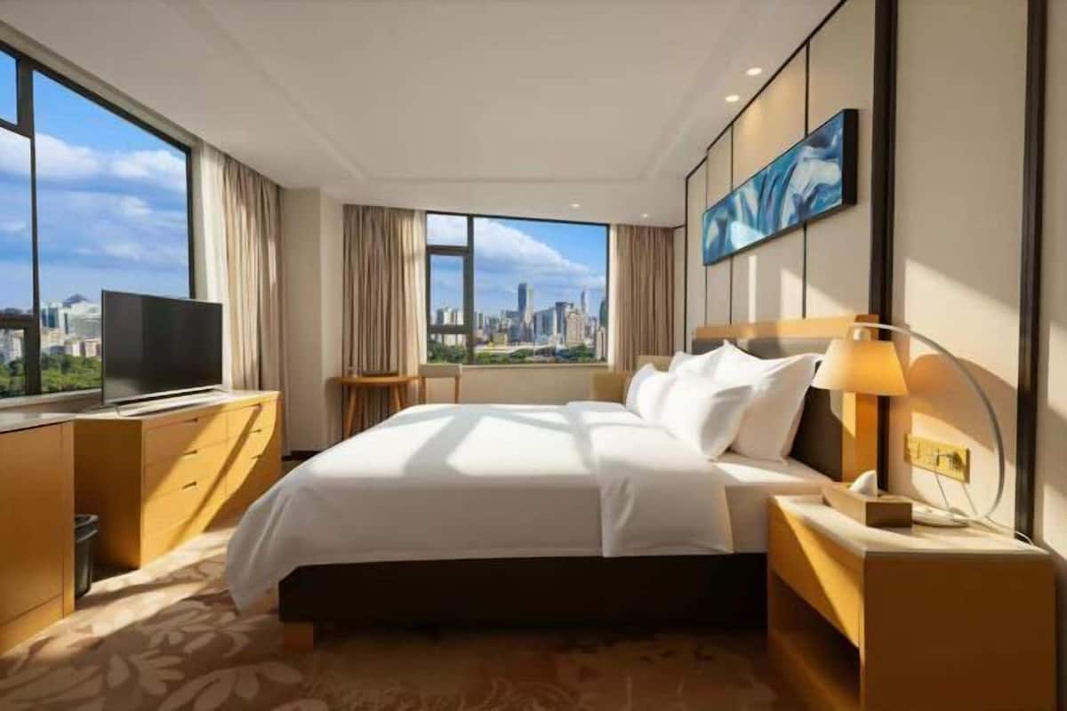 Une chambre d’hôtel avec un lit, une télévision, un bureau et une vue sur la ville.