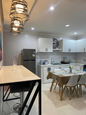 Fridge, dining tables