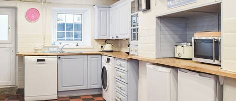 Dishwasher, high chair, cookware/dishes/utensils