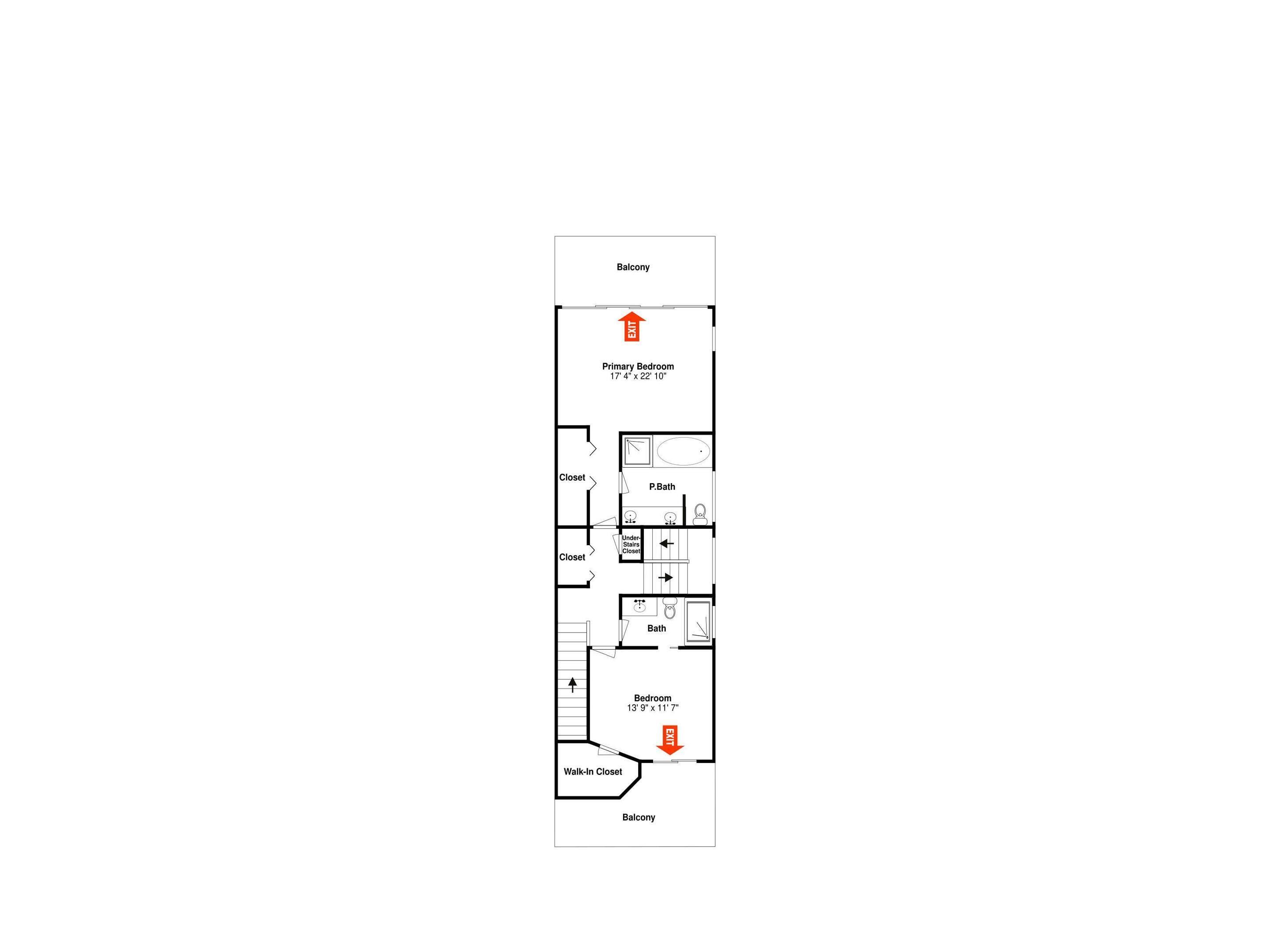 A floor plan of a building with a primary bedroom measuring 17'4" x 22'10", a secondary bedroom measuring 13'9" x 11'7", a bathroom, a closet, and an entry/exit point.