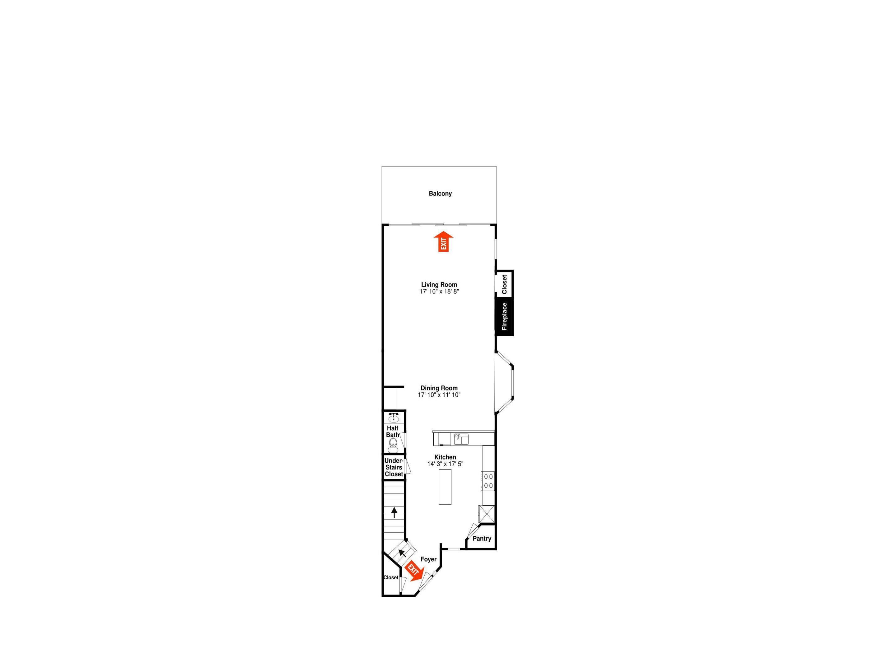 A floor plan of a hotel room with a balcony, living room, dining room, kitchen, and a half bathroom.