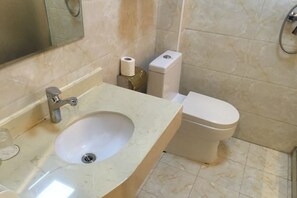 Une salle de bain avec un lavabo, des toilettes et un miroir.