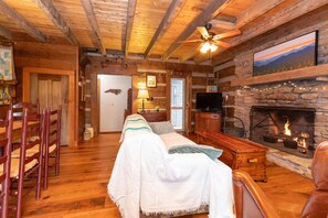 Smart-tv, een open haard, boeken en een kantoor