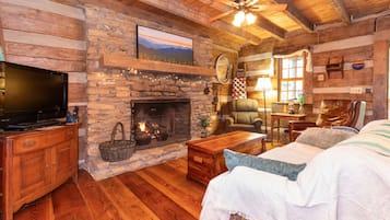 Smart TV, fireplace, books, offices