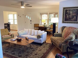 Smart TV, fireplace, books