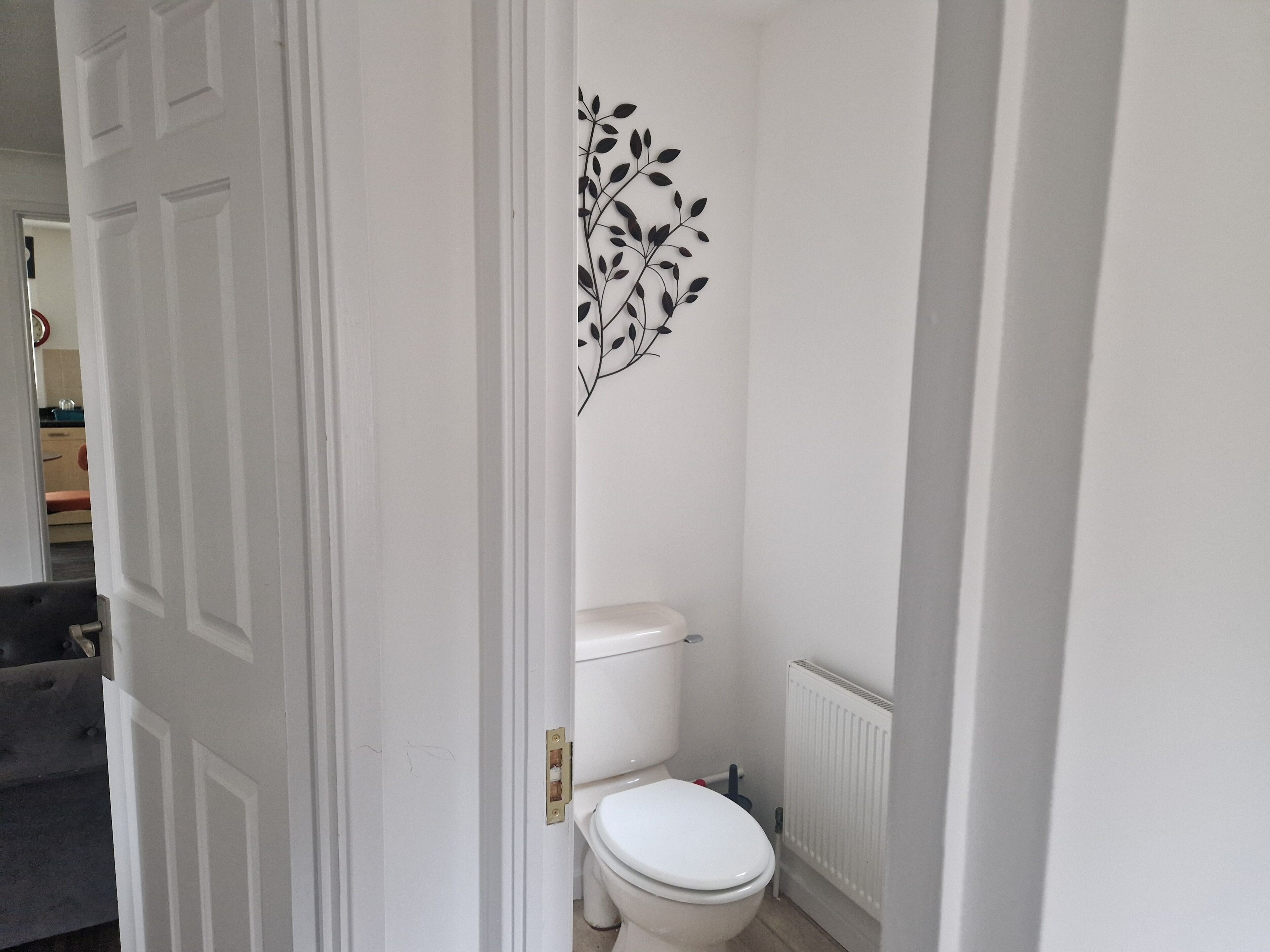 A bathroom with a white toilet, a radiator, and a decorative wall piece.