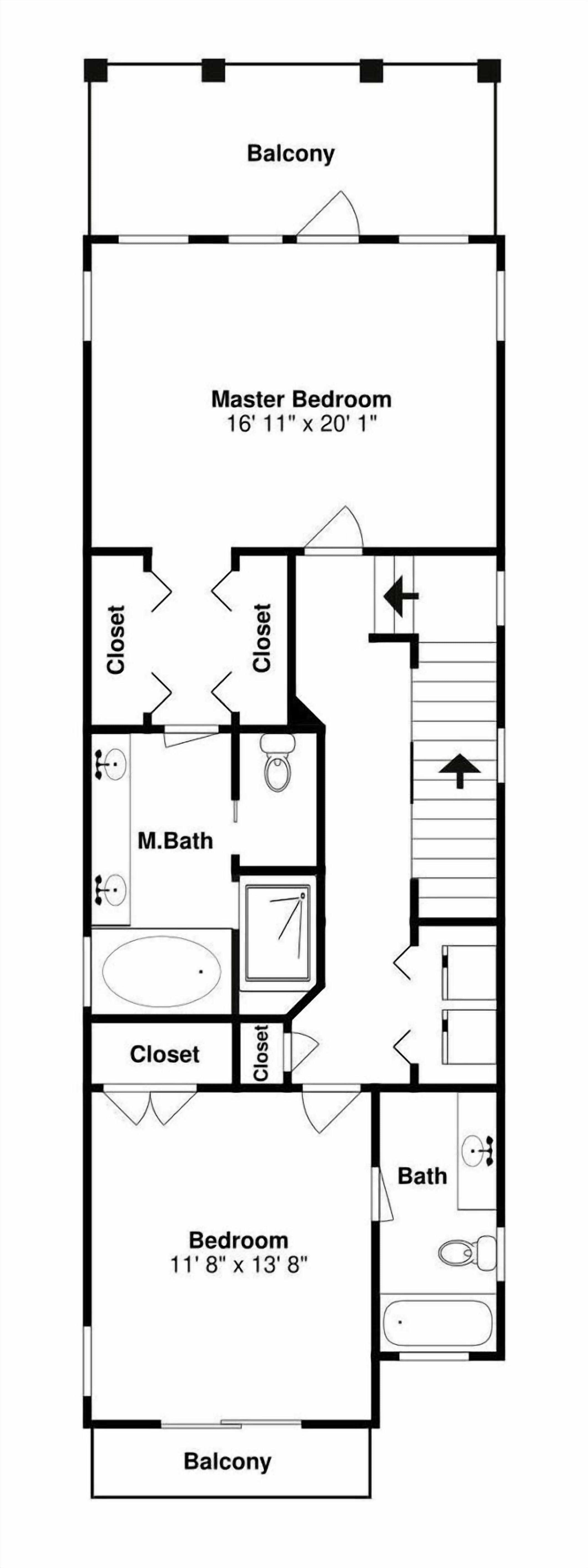 A floor plan of a hotel room with a balcony, master bedroom, two closets, a master bathroom, a standard bedroom, and a bathroom.
