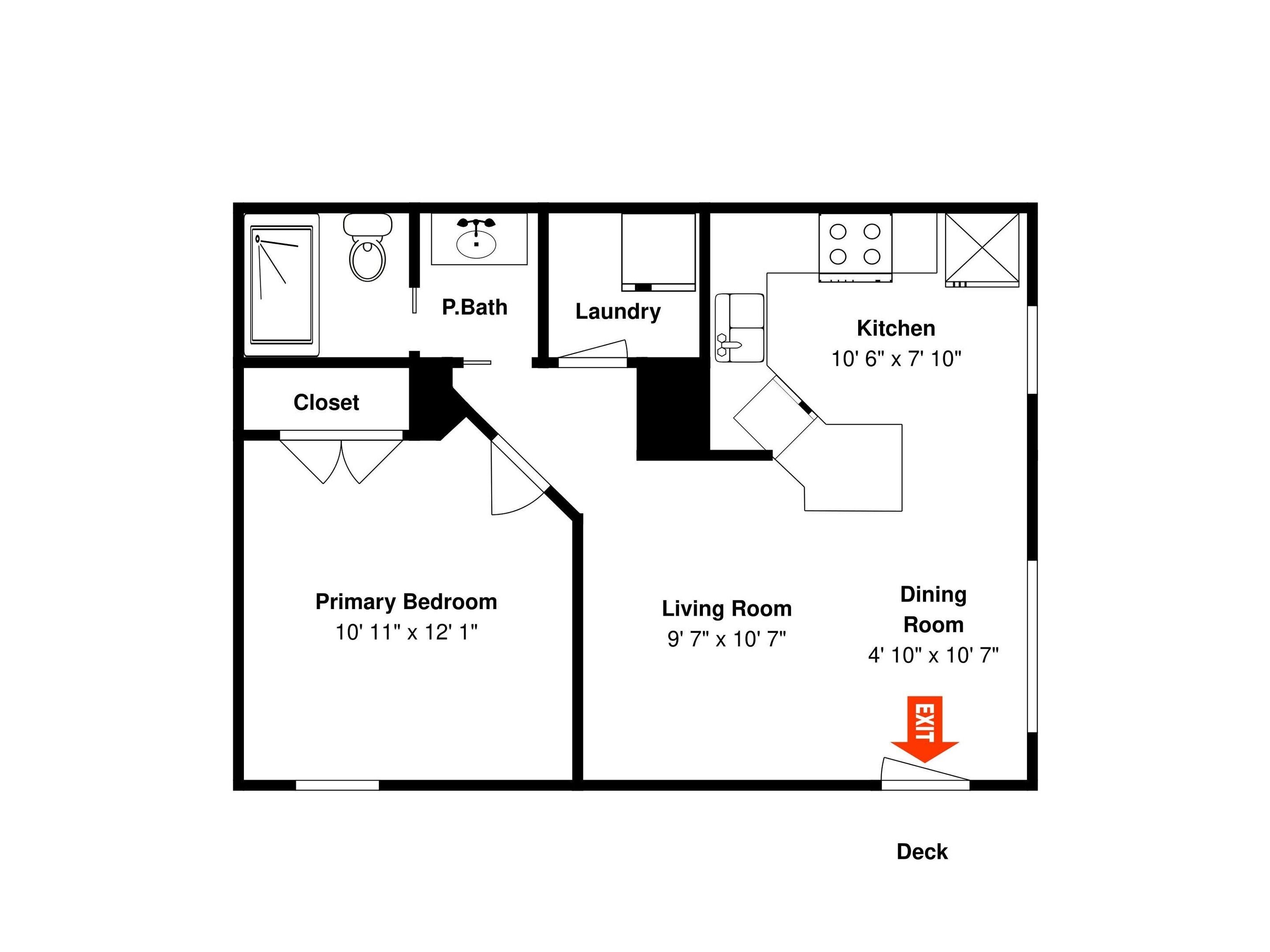 Grundriss eines Hauses mit Hauptschlafzimmer, Wohnzimmer, Esszimmer, Küche, Waschraum, Badezimmer und Abstellraum.