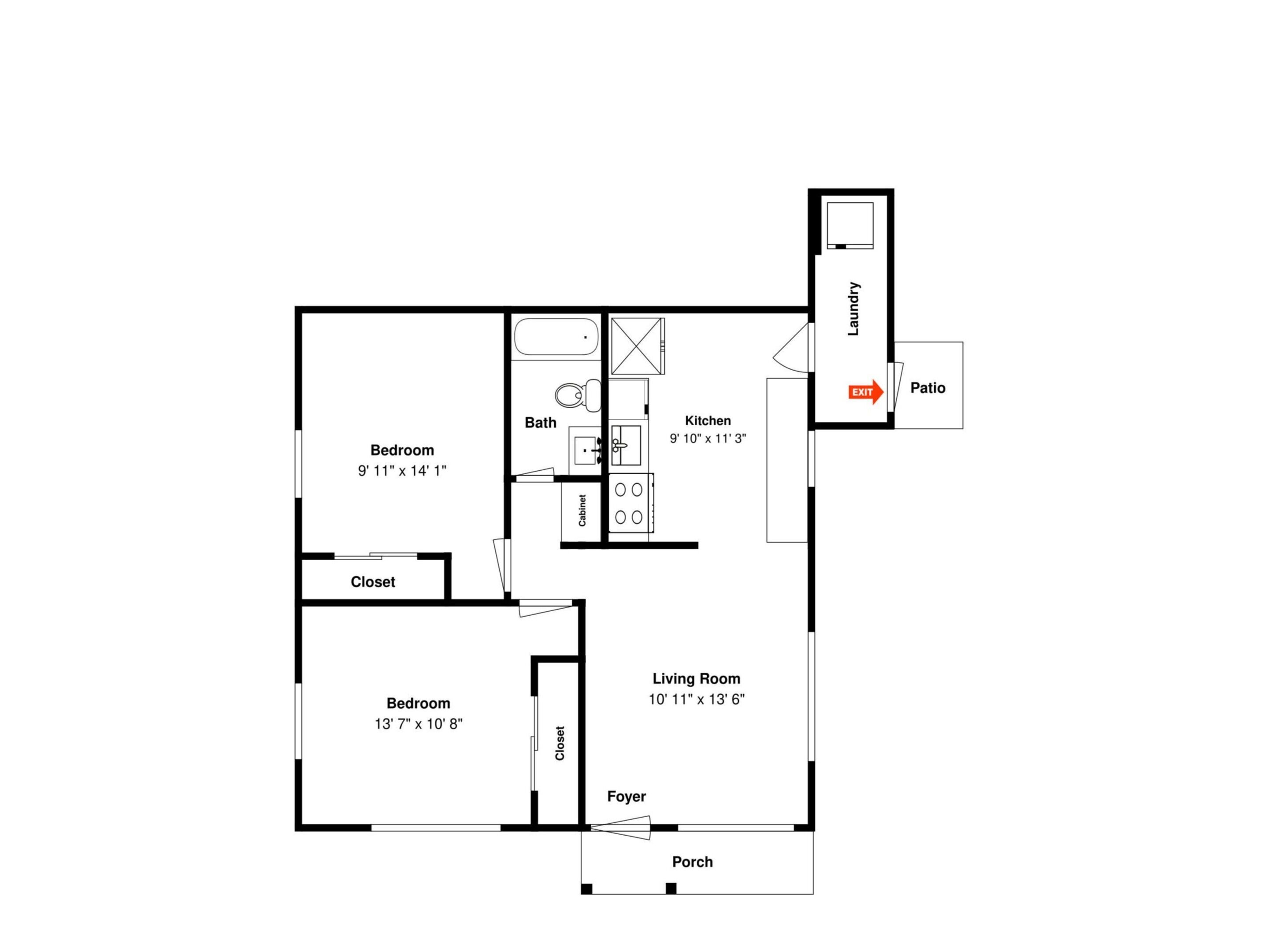 Plànol d'una casa amb dues habitacions, un saló, una cuina, un bany, un vestíbul i un pati.