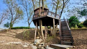 Une cabane en bois perchée dans un arbre, dotée d’un balcon et d’un escalier en bois menant à l’intérieur.