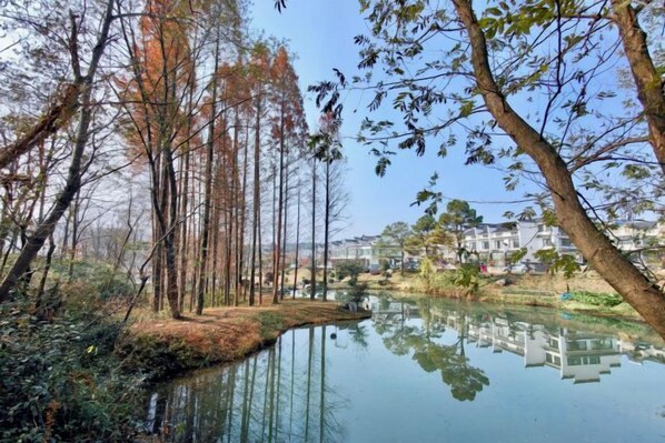 A serene pond surrounded by trees and buildings in the background. - Changzhou Lihua Xiaoyuan Inn (Changzhou)