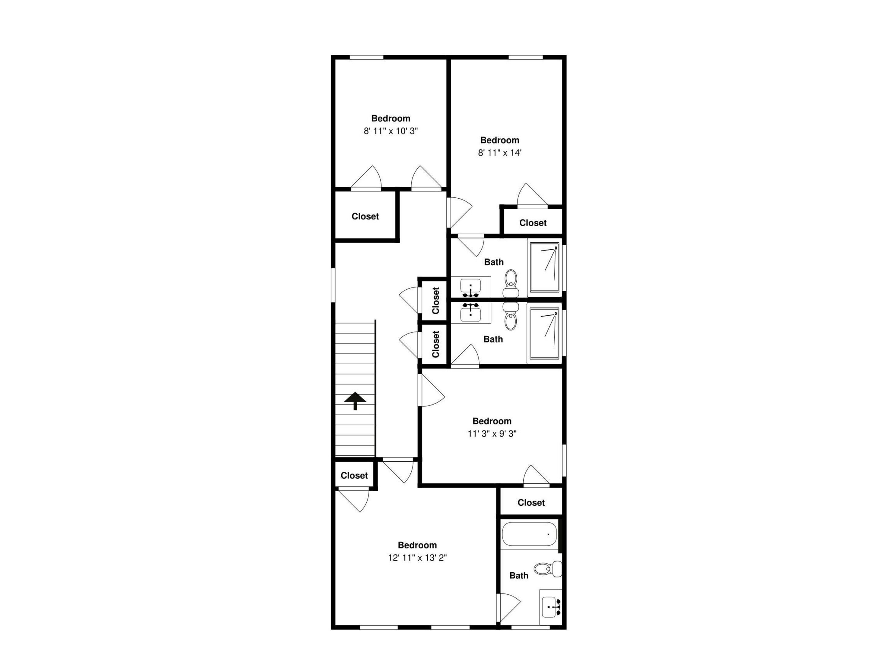 A floor plan of a hotel room with three bedrooms, two bathrooms, and two closets.