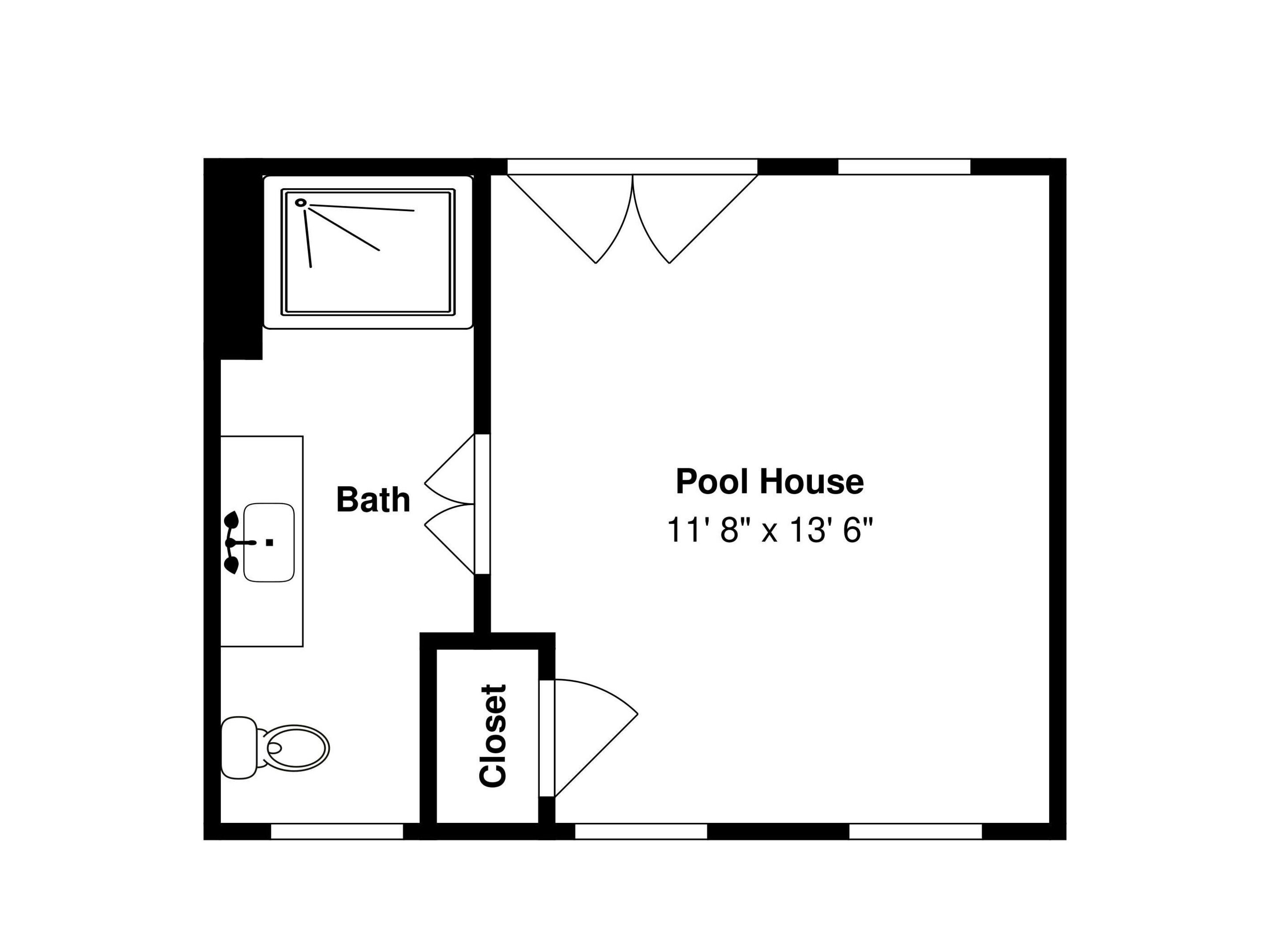 Il s’agit d’un plan d’étage pour un pavillon de piscine, mesurant 3,56 mètres sur 4,11 mètres. Il comprend une salle de bain, un placard et des toilettes.