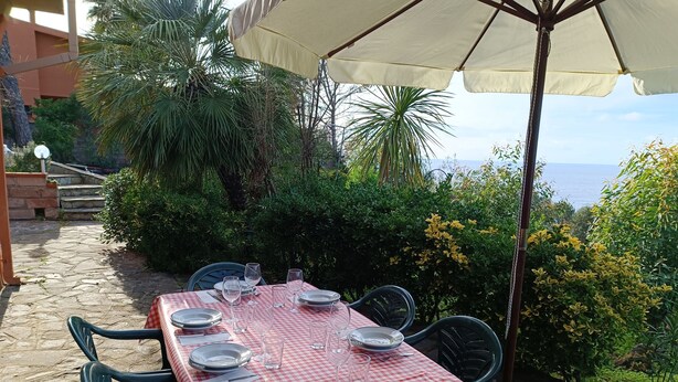 Mesa al aire libre con mantel a cuadros rojo y blanco, rodeada de sillas y una sombrilla.