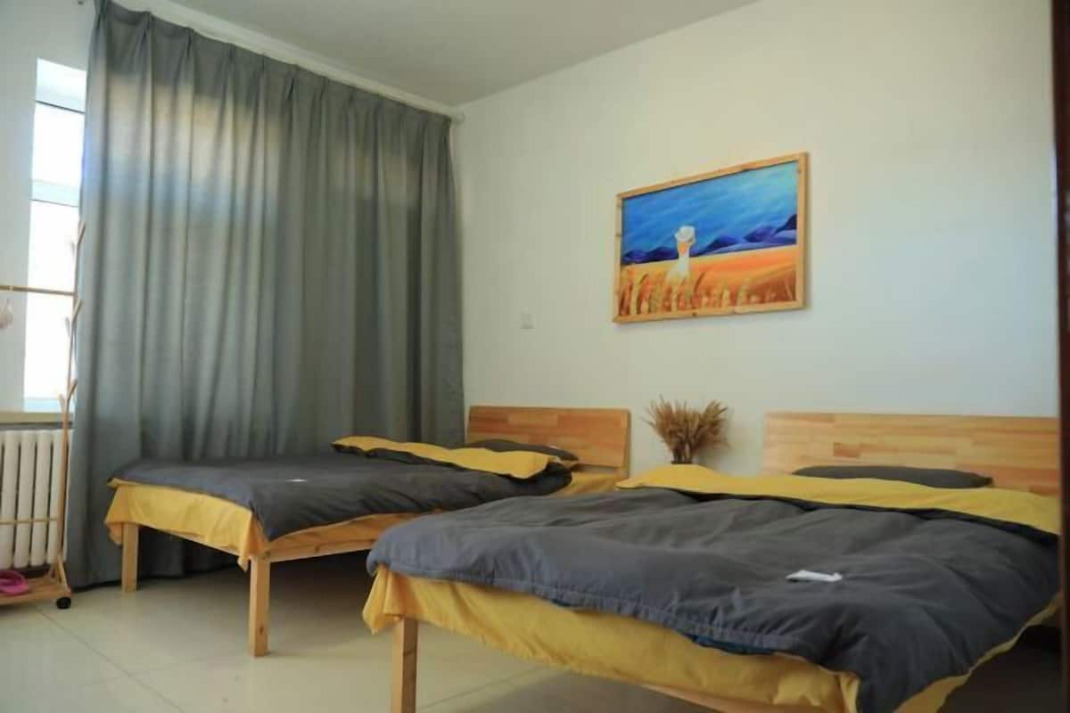 Ein Zimmer mit zwei Betten, einem Heizkörper, einem Fenster mit Vorhängen und einem Bild an der Wand.