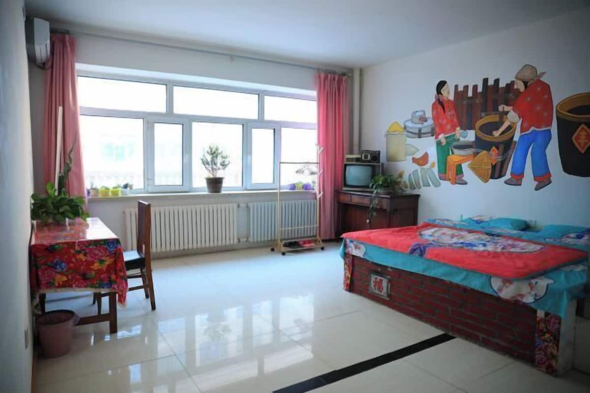 Ein Zimmer mit Bett, Tisch mit Pflanze, Heizkörper, Fenster mit Vorhängen und Fernseher.