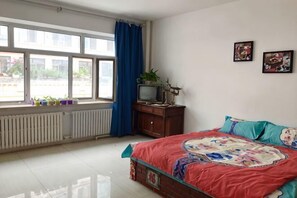 A bedroom with a bed, a window with curtains, a radiator, a television, and two framed pictures on the wall.