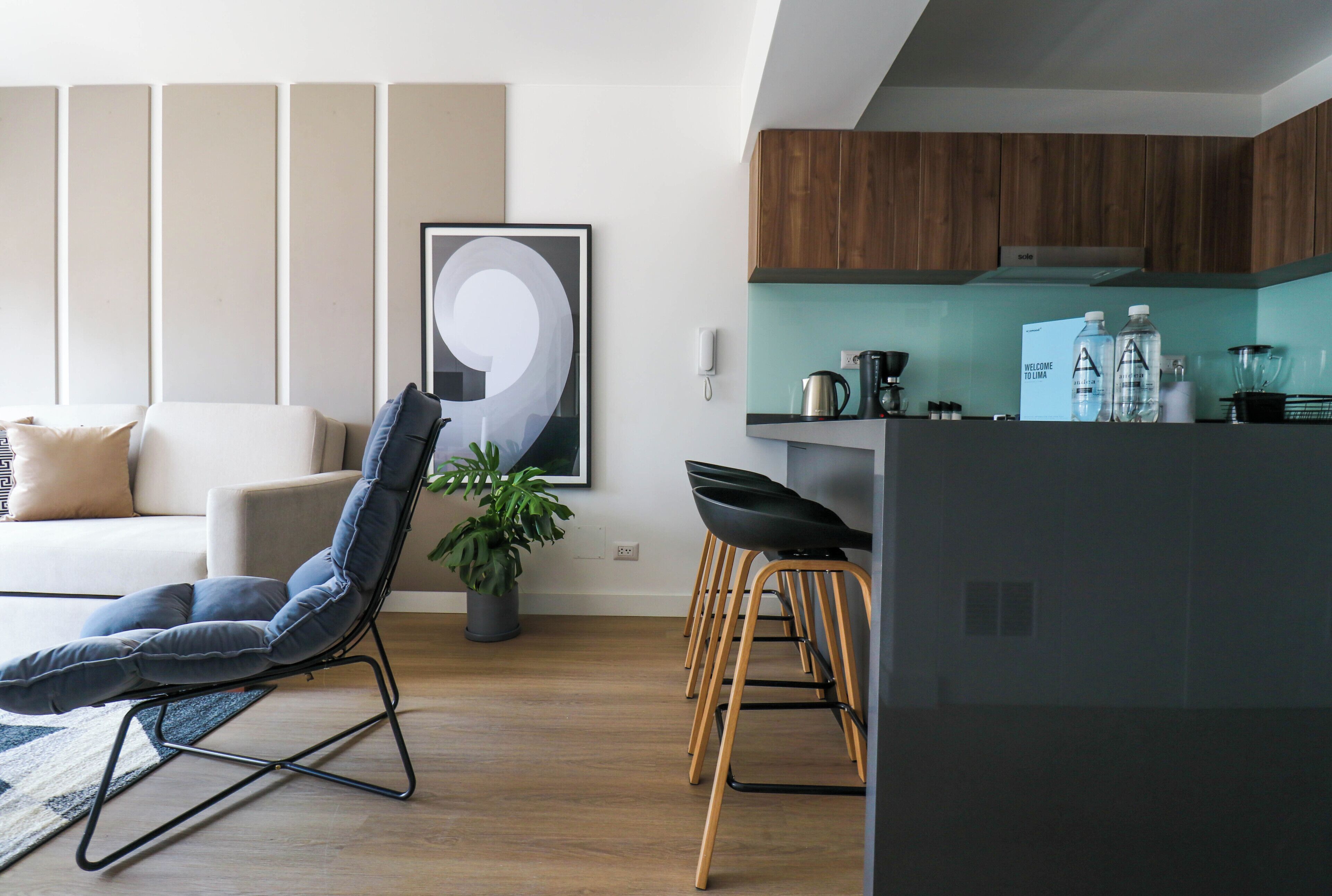Una sala moderna con un sofá, una silla azul, una planta en maceta y una zona de cocina con armarios de madera y taburetes de bar.