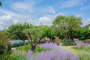 Una piscina rodeada de exuberante follaje y plantas florecientes.