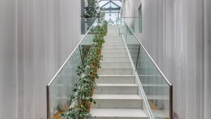 Un escalier avec des rampes en verre et une plante sur le côté.