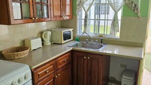 Una cucina compatta con mobili in legno, un forno a microonde, un tostapane e un lavello.