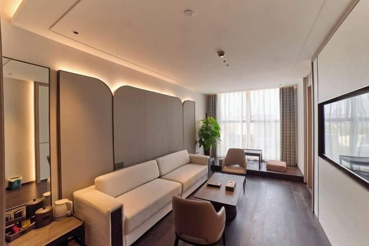 Una habitación de hotel moderna con sofá, sillas, una mesita de centro, un espejo grande y una planta.