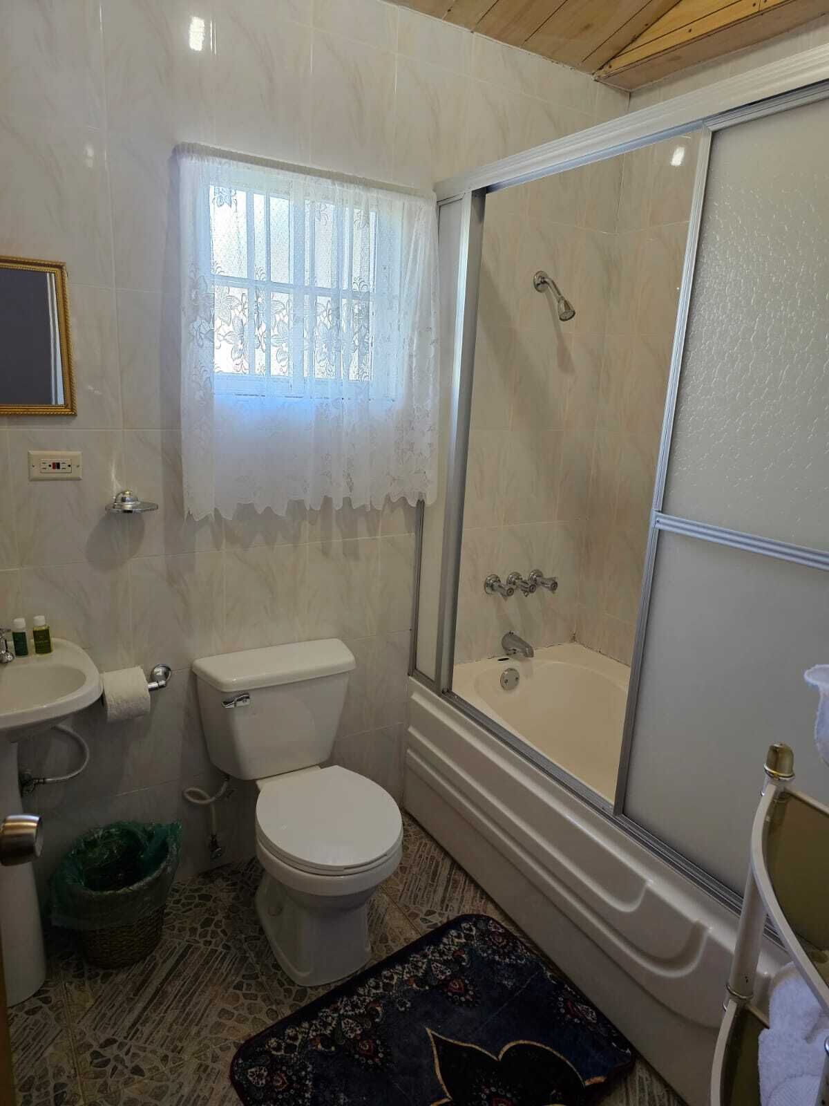 Douche, sèche-cheveux, serviettes fournies, savon