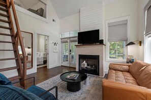 Télévision, cheminée, chaîne hi-fi