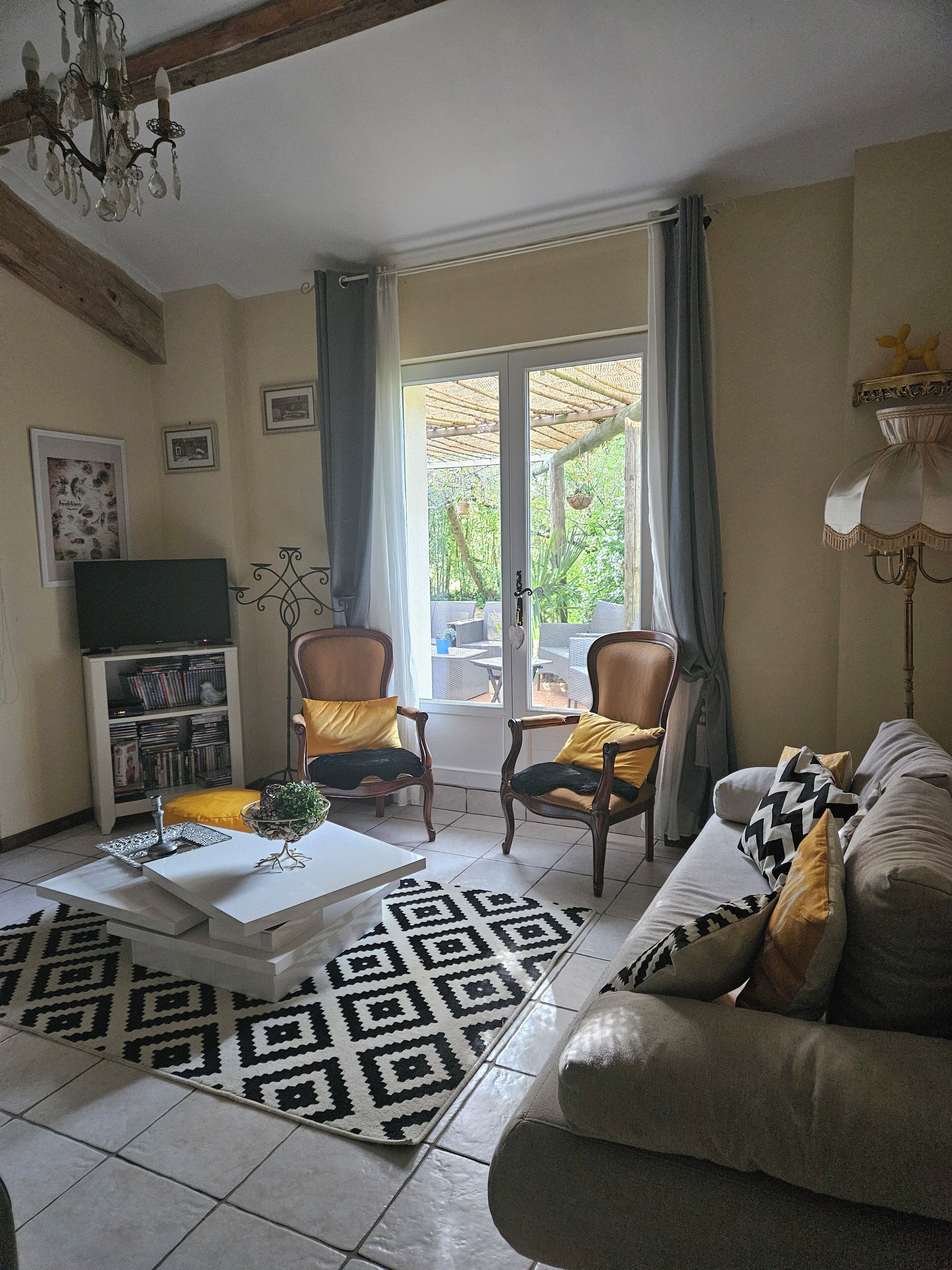 Smart TV, caminetto, lettore DVD, tavolo da ping pong