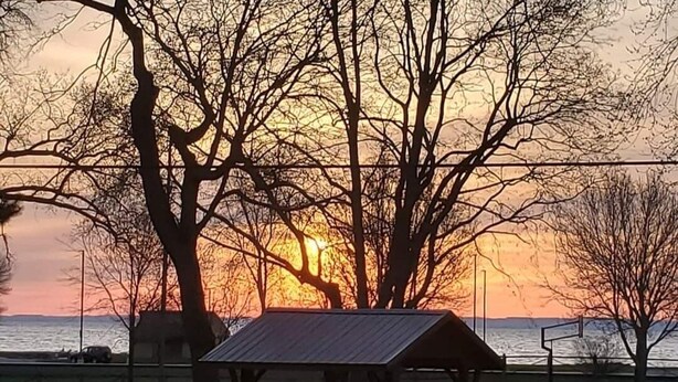 Ein Pavillon mit Metallveranda und Picknicktischen in einem Park mit kahl stehenden Bäumen und einem Sonnenuntergang über dem Wasser.