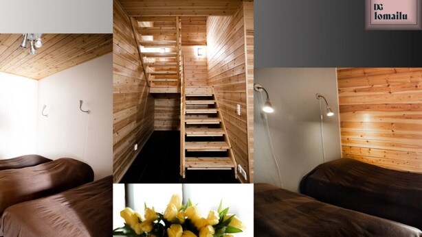 A sauna room with wooden walls and benches, a wooden staircase, and a wall-mounted light fixture. - Ameno 3, Himos by DG Lomailu - skiing, skiing, golf, padel and events (Jämsä)