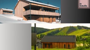 A modern wooden building with a balcony, set against a snowy landscape. - Ameno 3, Himos by DG Lomailu - skiing, skiing, golf, padel and events (Jämsä)