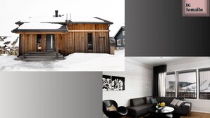 A wooden cabin with a snow-covered roof, a modern living room with a sofa and large windows, and a logo with "DG lomailu". - Ameno 1, Himos by DG Lomailu - skiing, skiing, golf, padel and events (Jämsä)