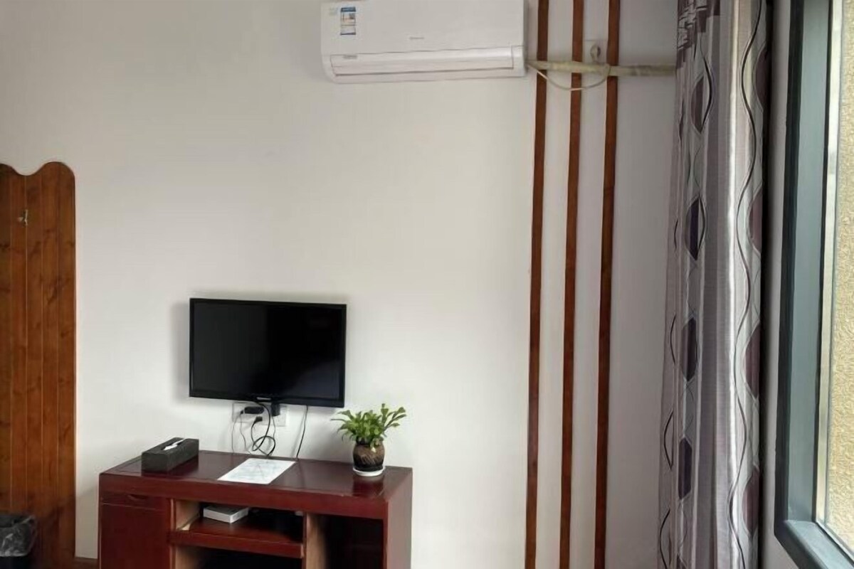 A room with a flat-screen TV on a wooden desk, a potted plant, and a window with curtains.