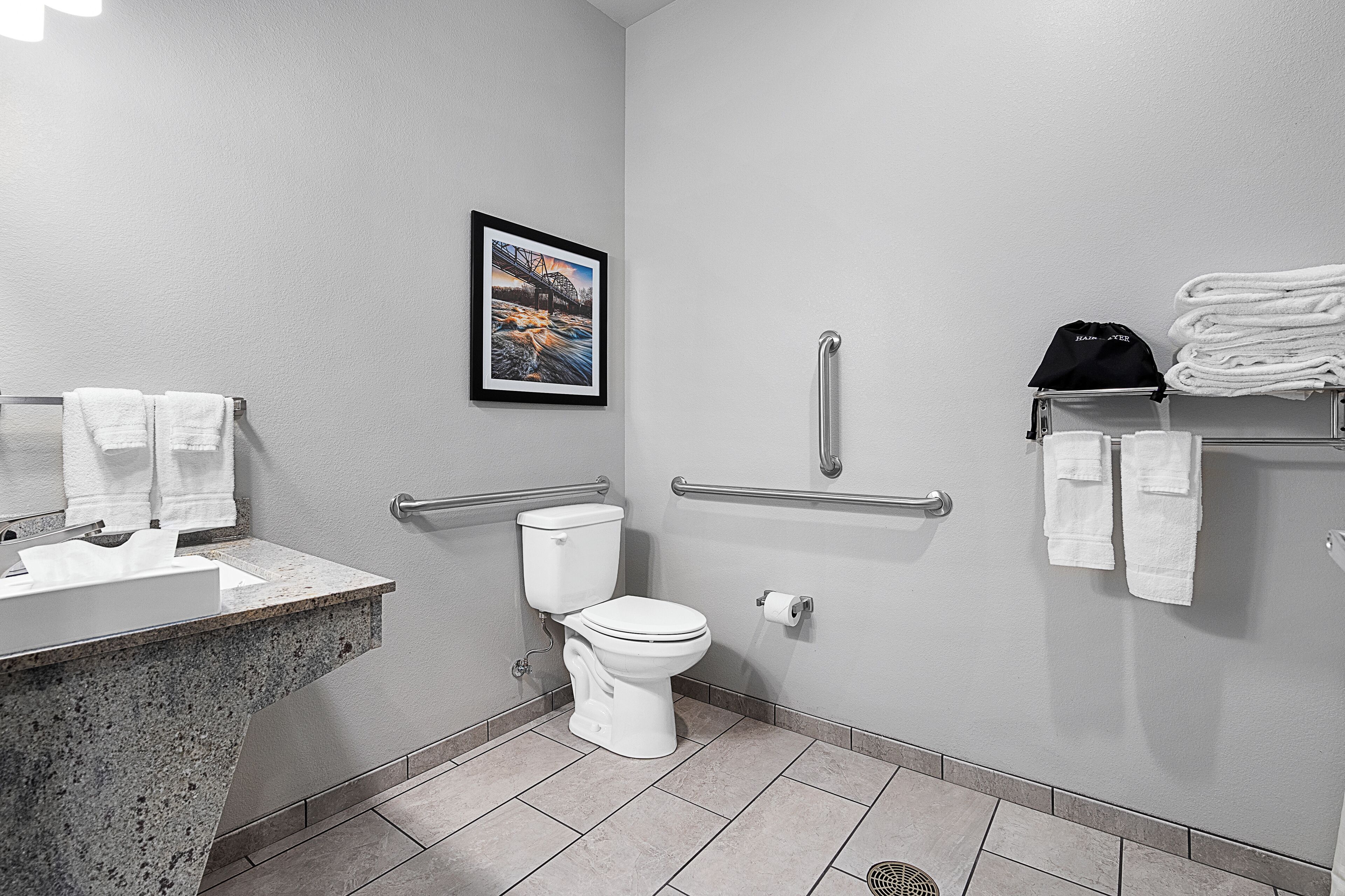 A modern bathroom with a toilet, sink, and handrails.