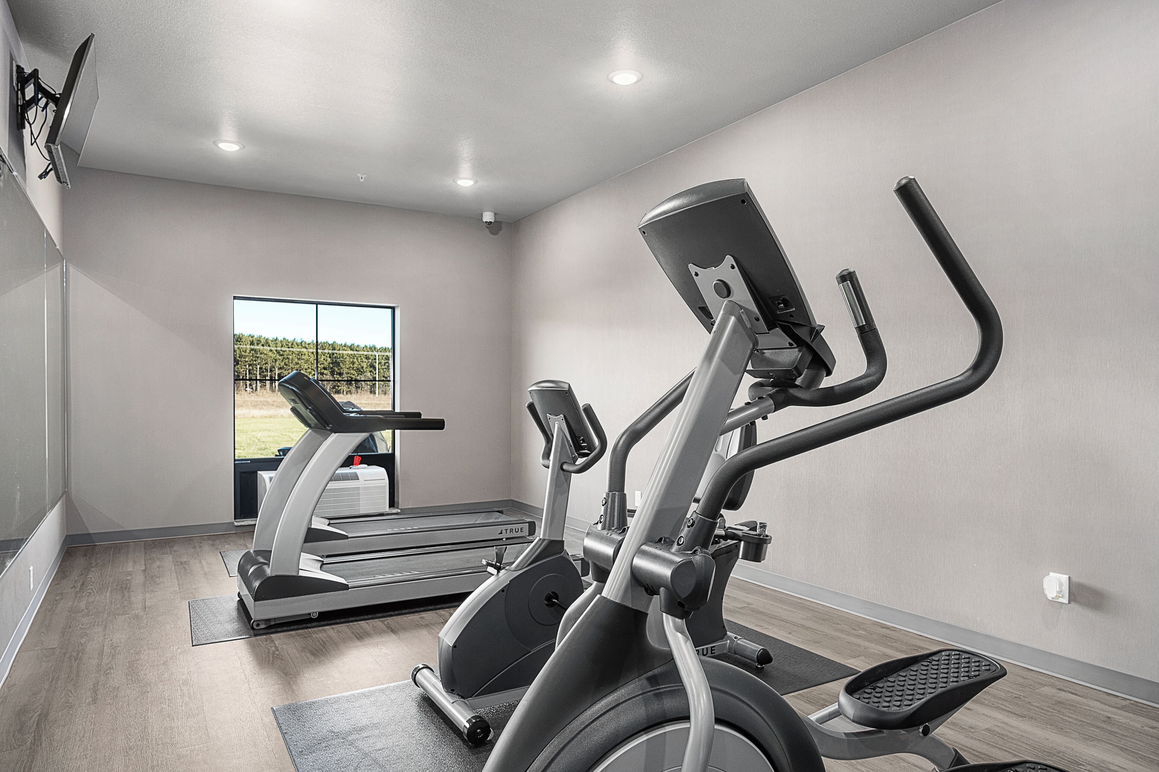 A gym with exercise equipment, a treadmill, and a window with a view of greenery.