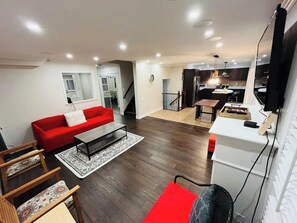 TV connectée, cheminée, livres, vidéothèque