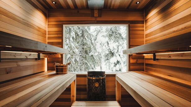 Un sauna avec des bancs en bois, une fenêtre donnant sur une forêt enneigée et une poubelle.