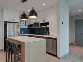 Full-size fridge, microwave, stovetop, dishwasher