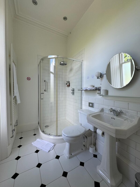 A bathroom with a glass-enclosed shower, a toilet, a sink, and a mirror. - Wellwood Manor Guest House (Pitlochry)